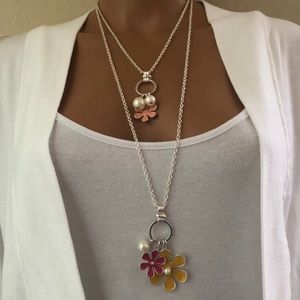 NWT Silver Flower Pearl Long Statement Necklace